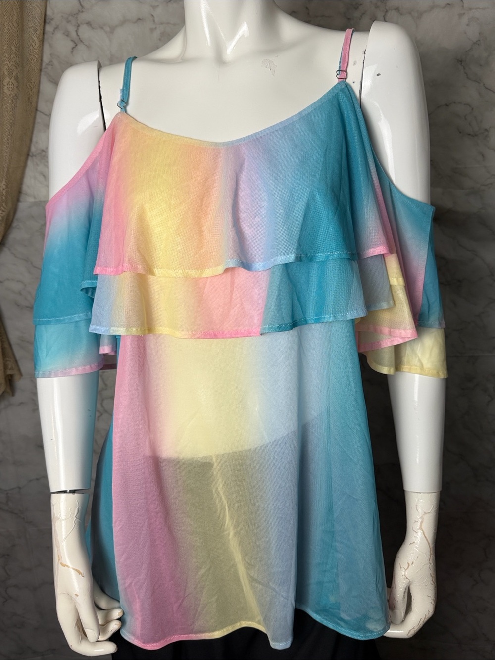 3XL Pastel Rainbow Mesh Cold Shoulder Ruffle Top Festival Kawaii Fairycore